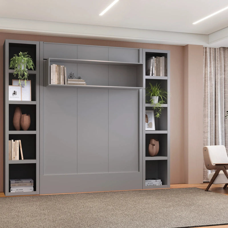 Easy-Lift Full Murphy Wall Bed in Grey with Two Bookshelves by Sharicks