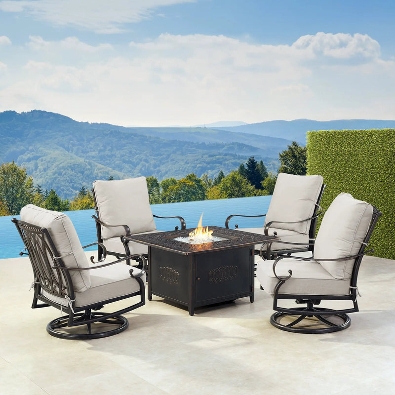 Black Aluminum Fire Table Set with Four Club Chairs by Sharicks