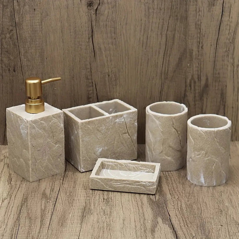 High-End Resin Bathroom Set with Empty Bottles for Hand Soap, Shampoo, and Various Lotions - Includes Toothbrush Holder, Mouthwash Cup, Soap Dish - Practical and Stylish Design, a Great Bathroom Kit, Bathroom Storage Cabinet, by House Of Avana
