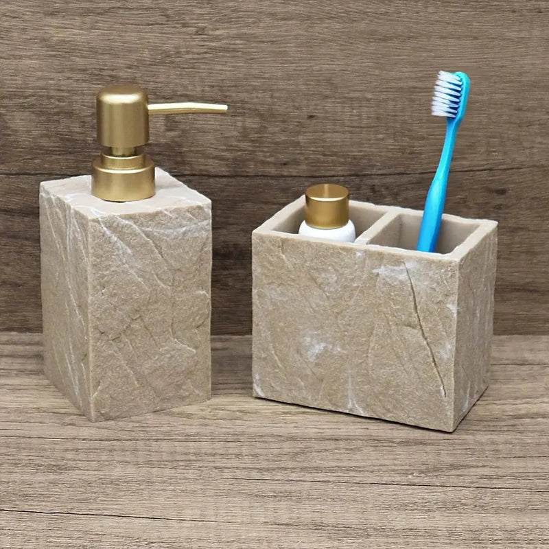High-End Resin Bathroom Set with Empty Bottles for Hand Soap, Shampoo, and Various Lotions - Includes Toothbrush Holder, Mouthwash Cup, Soap Dish - Practical and Stylish Design, a Great Bathroom Kit, Bathroom Storage Cabinet, by House Of Avana