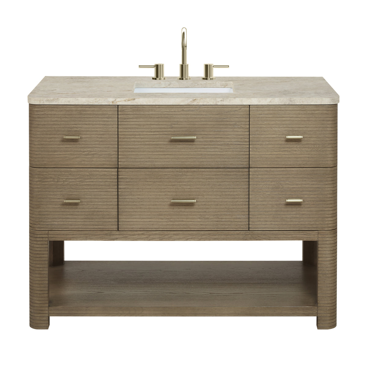 James Martin Lucian 48" Single Bathroom Vanity, Pebble Oak with Tajnar (FreePower) countertop