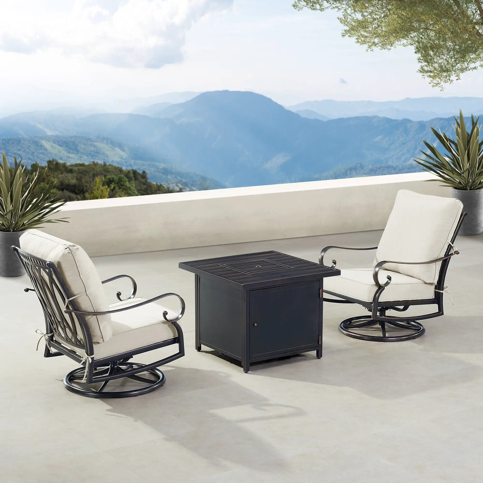 Black Aluminum Fire Table Bistro Set with Two Club Chairs by Sharicks
