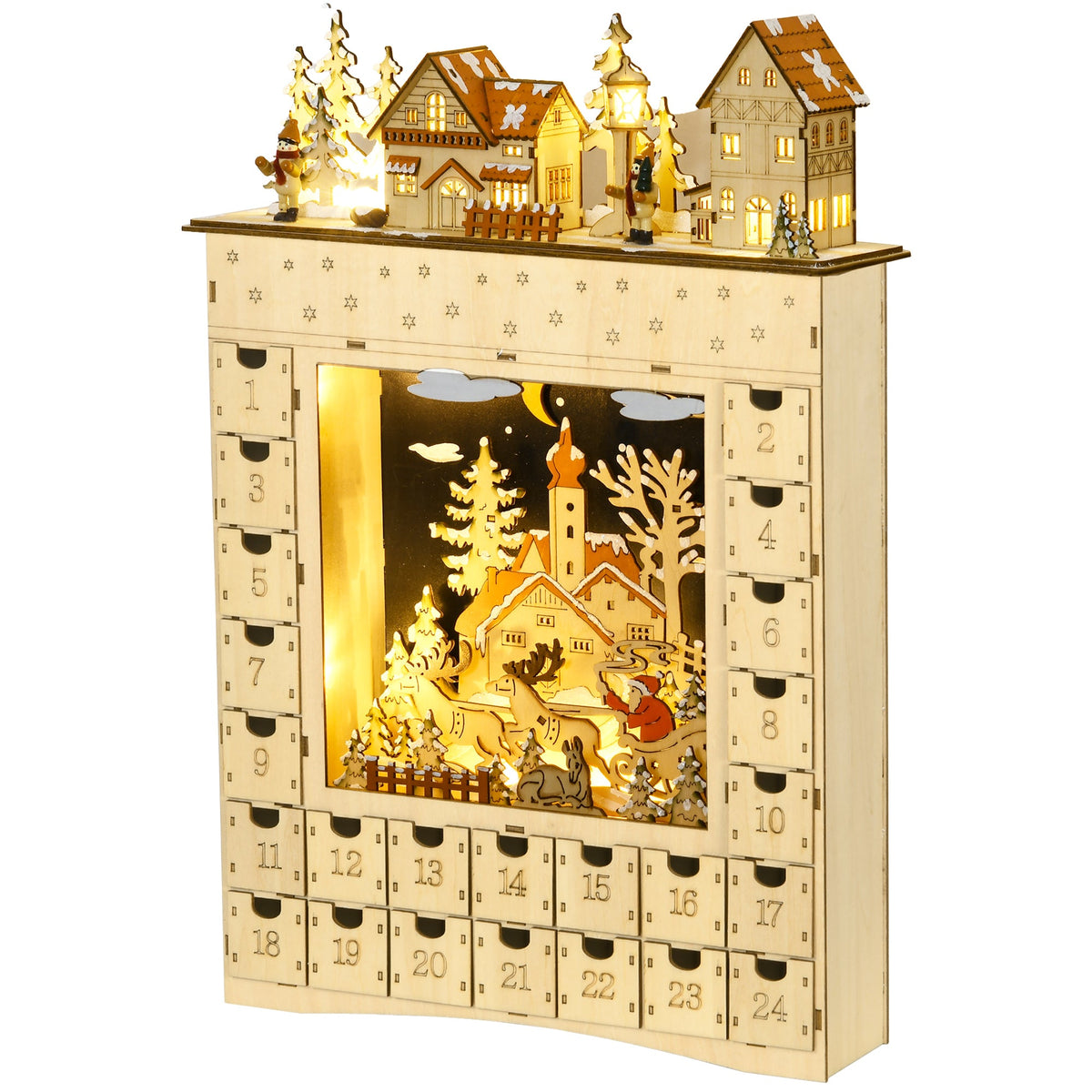HOMCOM Christmas Advent Calendar, Light Up Wooden Holiday Decoration with 24 Drawers