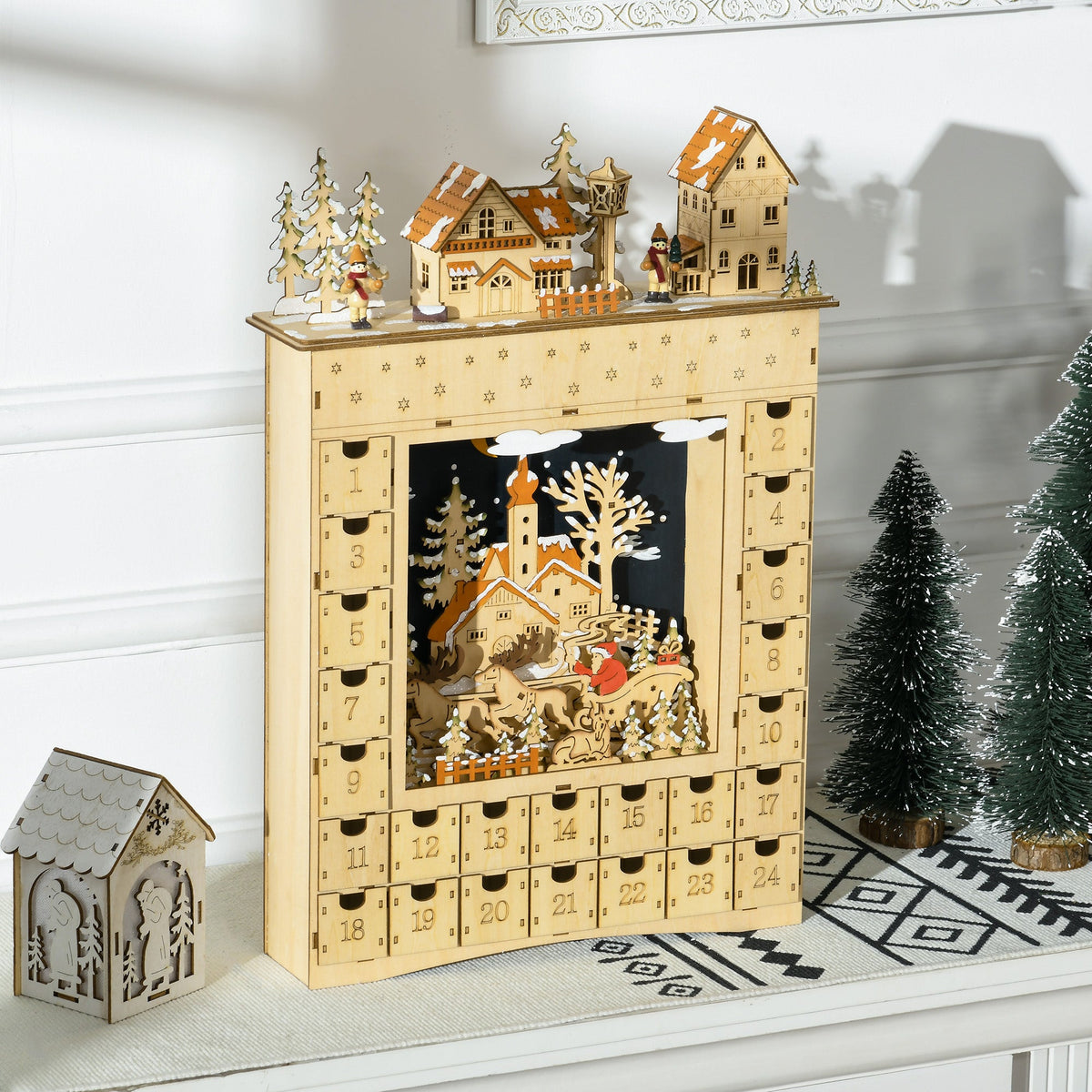 HOMCOM Christmas Advent Calendar, Light Up Wooden Holiday Decoration with 24 Drawers, photo 2 of 10