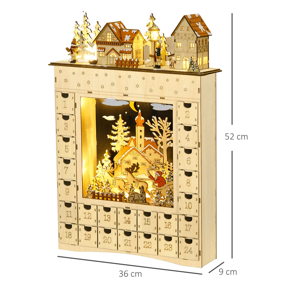 HOMCOM Christmas Advent Calendar, Light Up Wooden Holiday Decoration with 24 Drawers, photo 6 of 10