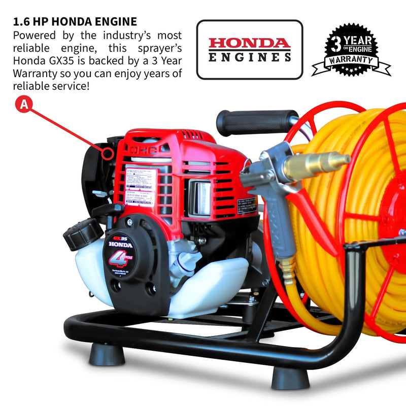 1.6HP Skid Sprayer Barrel Mount Only with Honda GX35 100ft Hose and 500 PSI Pump for Pest Control by Tomahawk Power
