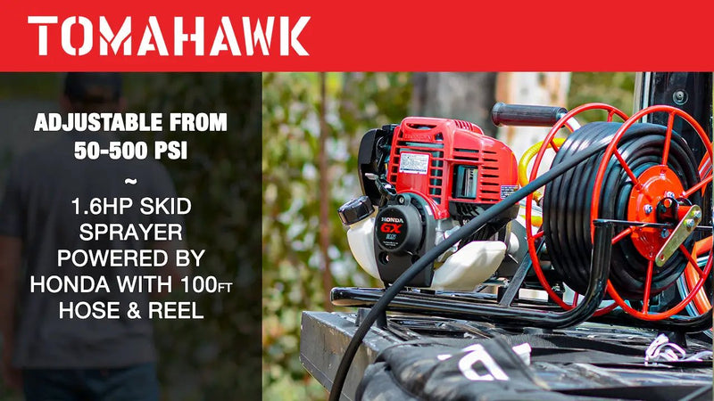 1.6HP Skid Sprayer Barrel Mount Only with Honda GX35 100ft Hose and 500 PSI Pump for Pest Control by Tomahawk Power