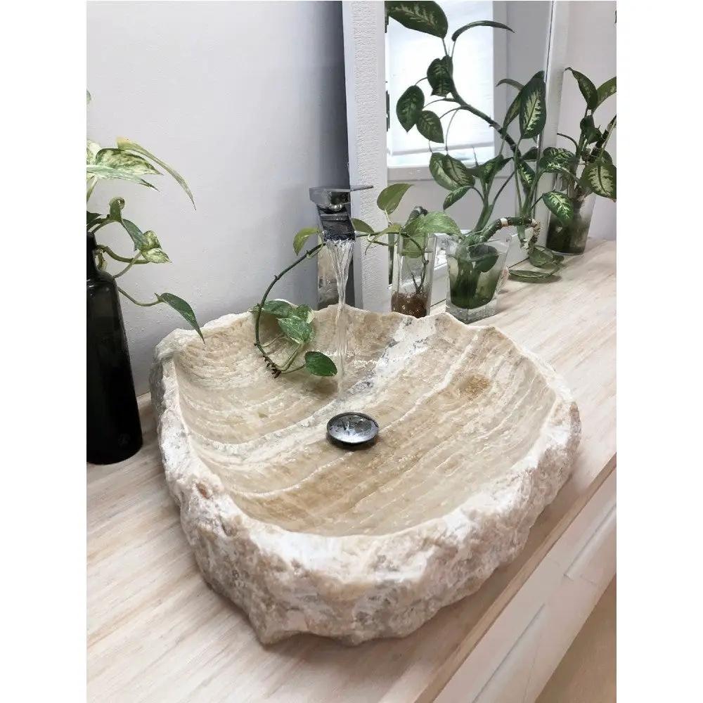 Handcrafted Honey Onyx Translucent Premium Natural Stone Vessel Sink 19x19x5 Inch by GobekDesign