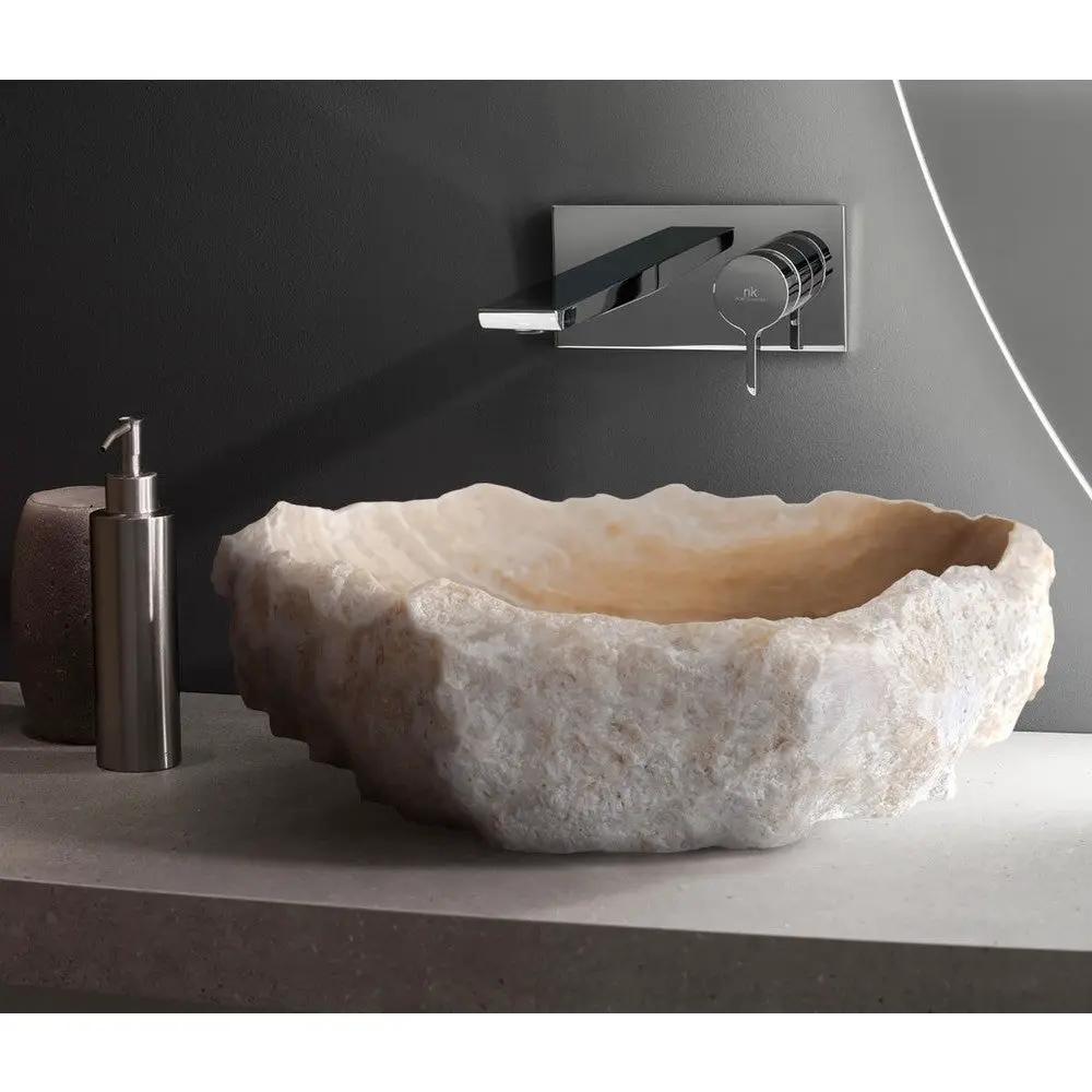 Handcrafted Honey Onyx Translucent Premium Natural Stone Vessel Sink 19x19x5 Inch by GobekDesign