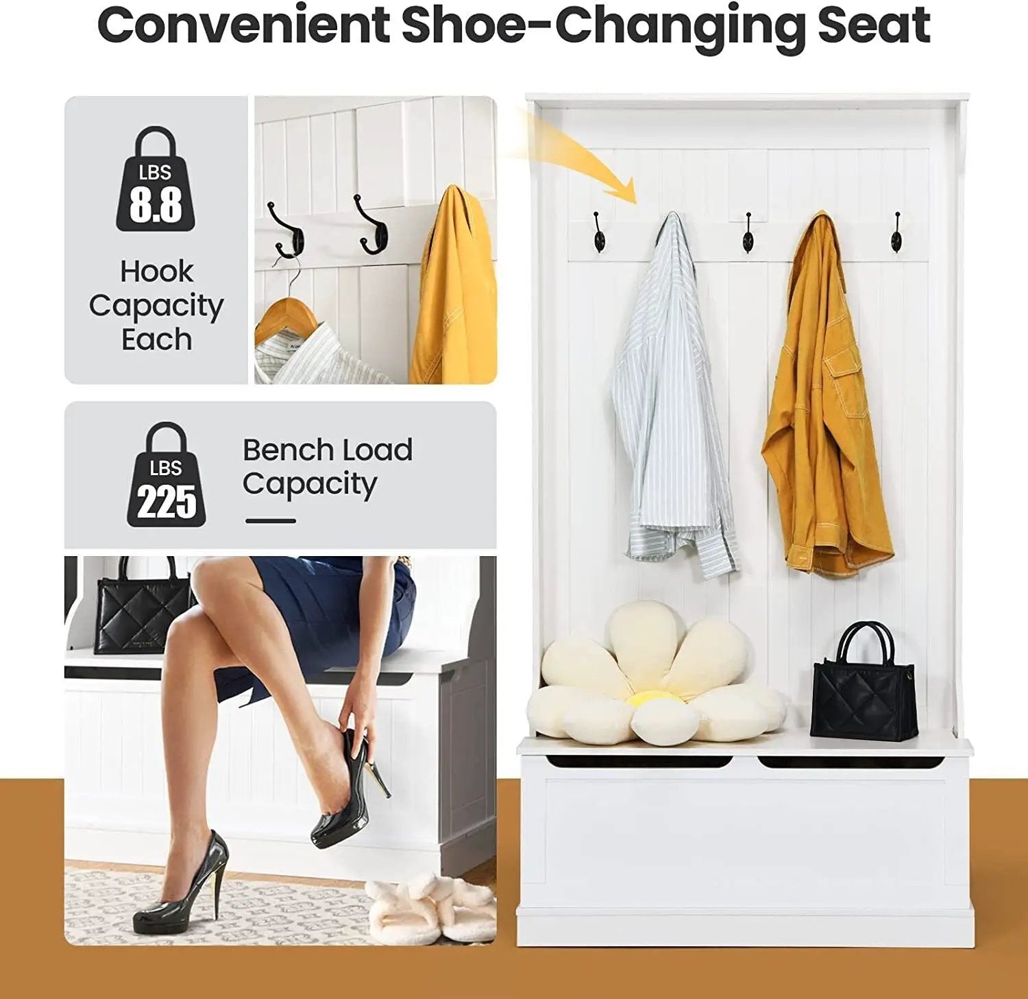3-in-1 Entryway Hall Tree Coat Rack Shoe Bench with Hooks and Bottom Storage-White by DirectDeals
