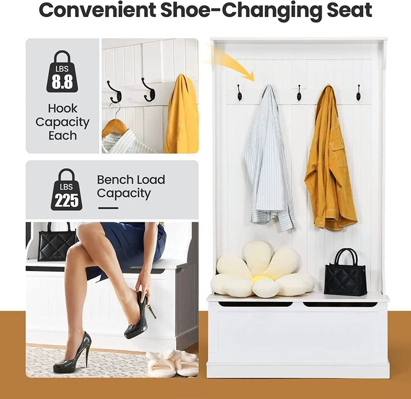 3-in-1 Entryway Hall Tree Coat Rack Shoe Bench with Hooks and Bottom Storage-White by DirectDeals