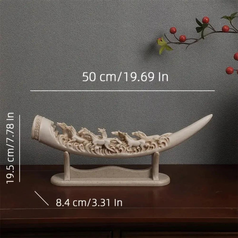 Ivory Resin Running Horses Tusk Sculpture on Stand by House Of Avana
