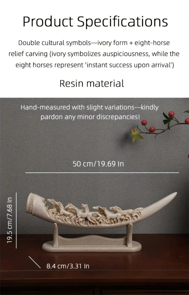 Ivory Resin Running Horses Tusk Sculpture on Stand by House Of Avana