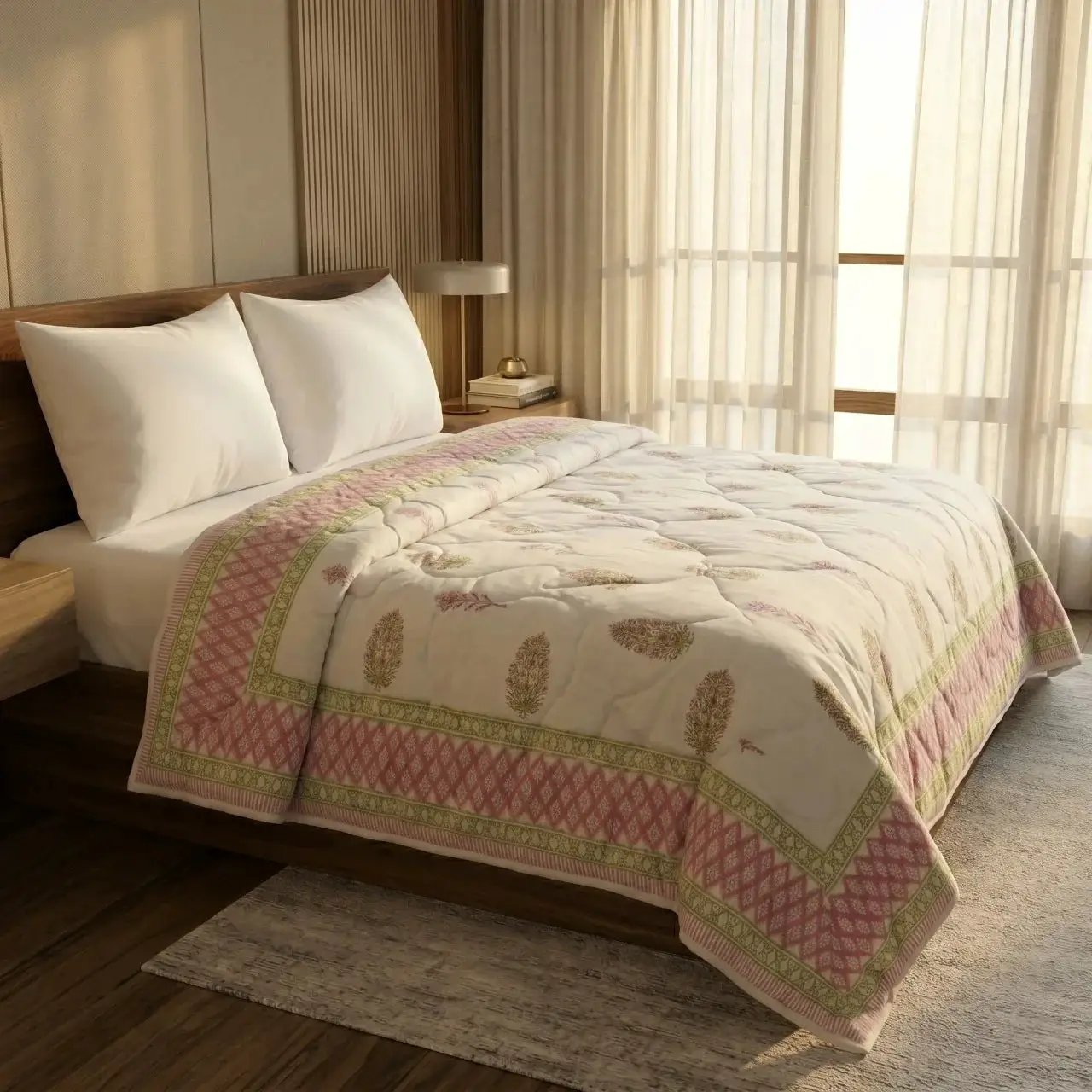 House of Avana Cream & Rose Pink Floral Jaipur Indian Hand Block Print Quilted Comforter by House Of Avana