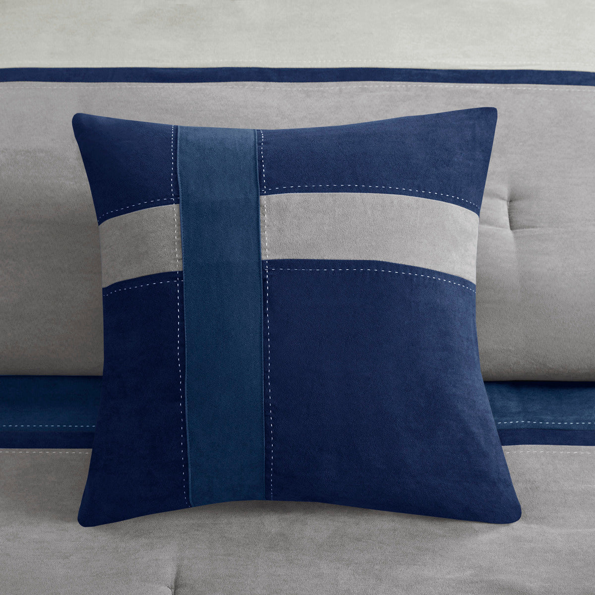 7 Piece Faux Suede Comforter Set Blue Queen, photo 10 of 17