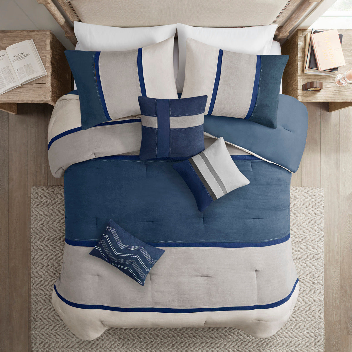 7 Piece Faux Suede Comforter Set Blue Queen, photo 9 of 17