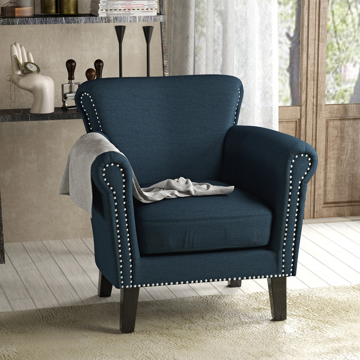 Navy Blue Fabric Club Chair with Nailhead Trim and Birch Wood Legs, photo 2 of 11