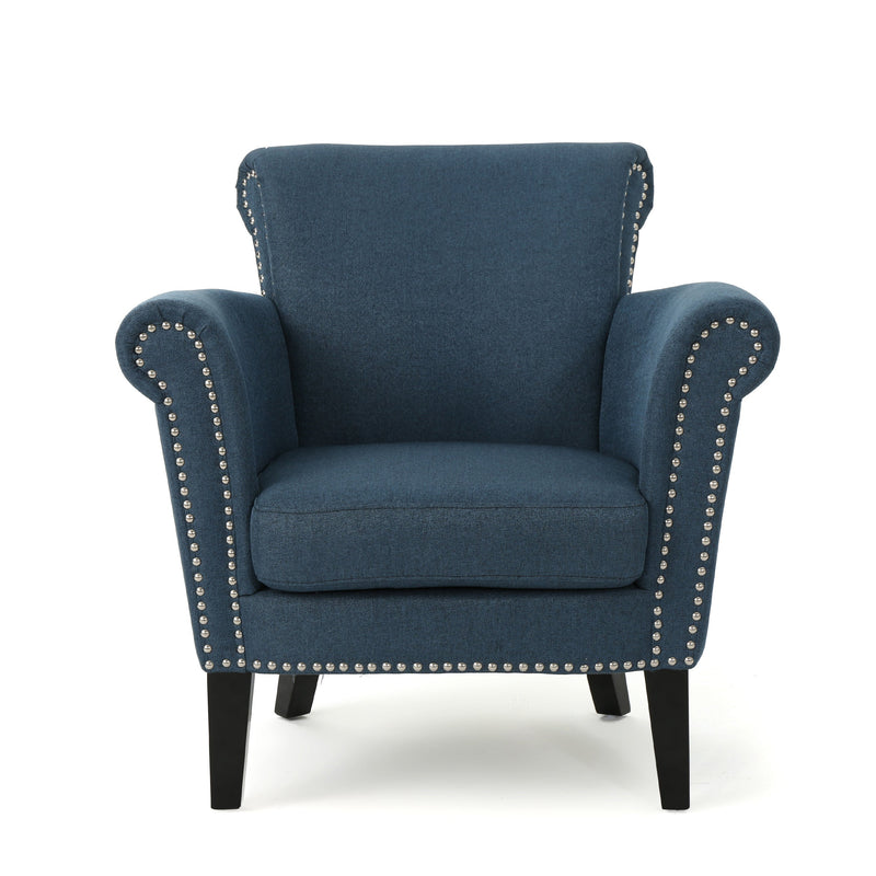 Navy Blue Fabric Club Chair with Nailhead Trim and Birch Wood Legs, photo 4 of 11