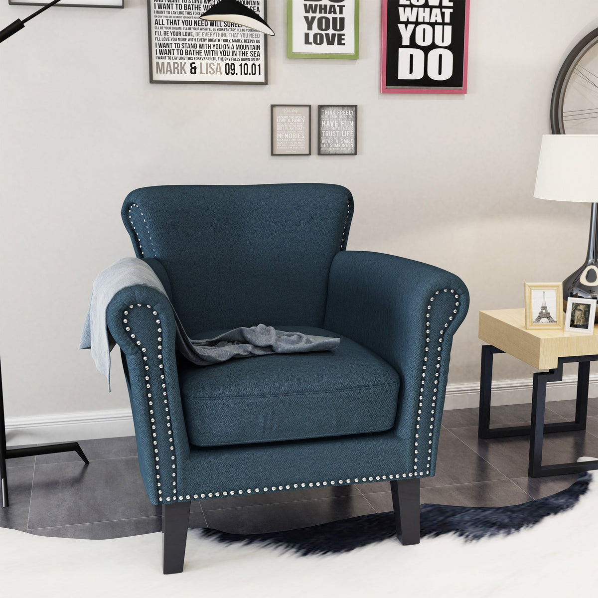 Navy Blue Fabric Club Chair with Nailhead Trim and Birch Wood Legs, photo 5 of 11