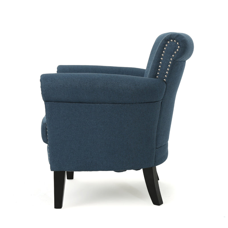 Navy Blue Fabric Club Chair with Nailhead Trim and Birch Wood Legs, photo 6 of 11