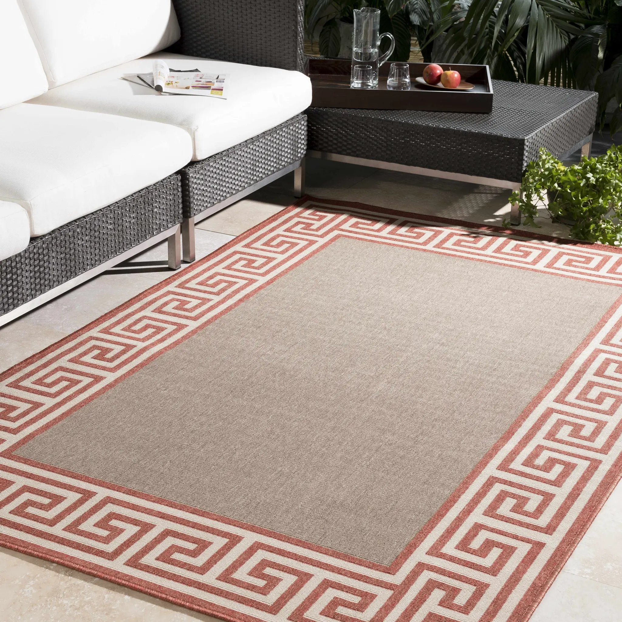 Houtz Red Border Greek Outdoor Rug - Clearance by Boutique Rugs