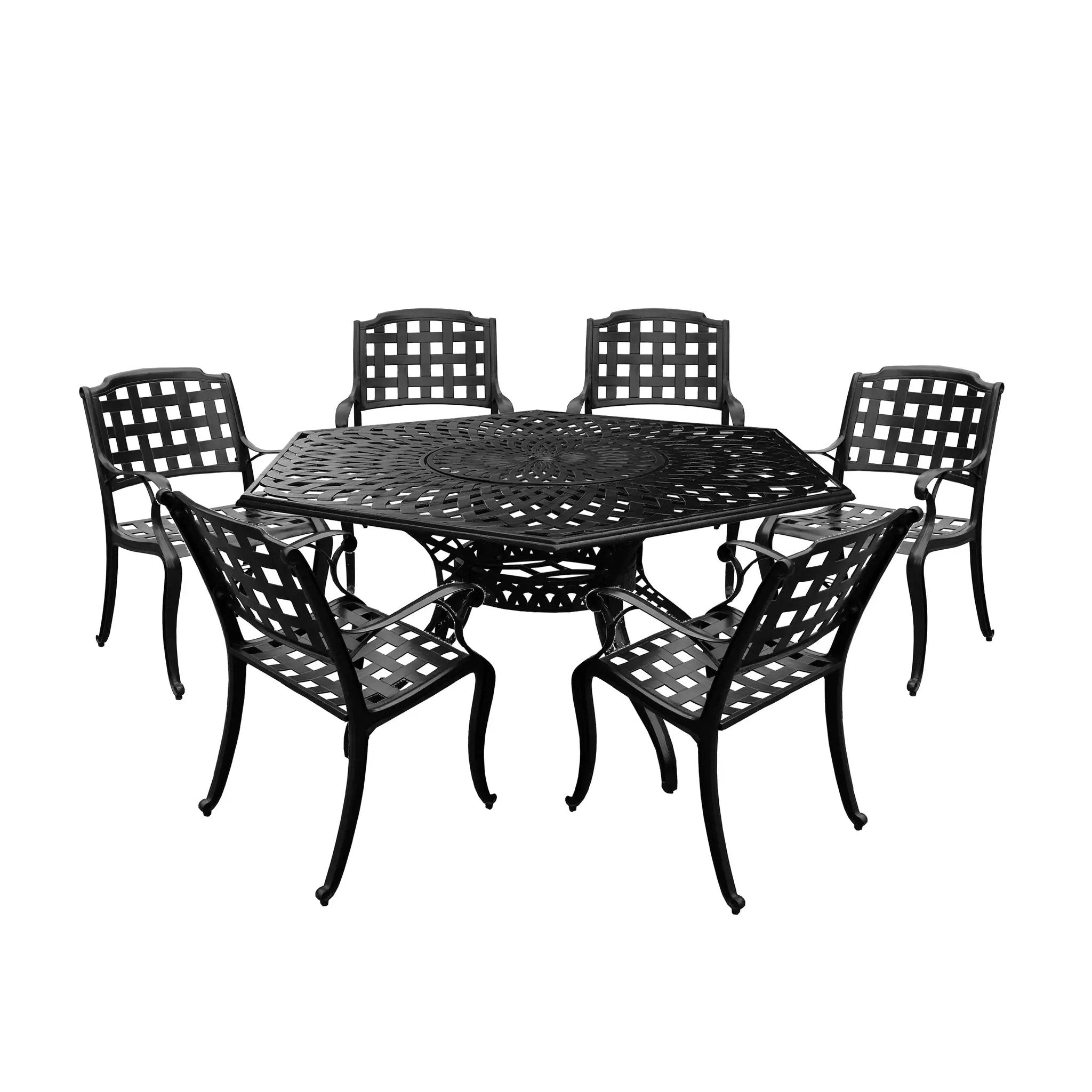 Aluminum 7pc Black Hexagon Patio Dining Set, Lazy Susan, Six Chairs by Sharicks