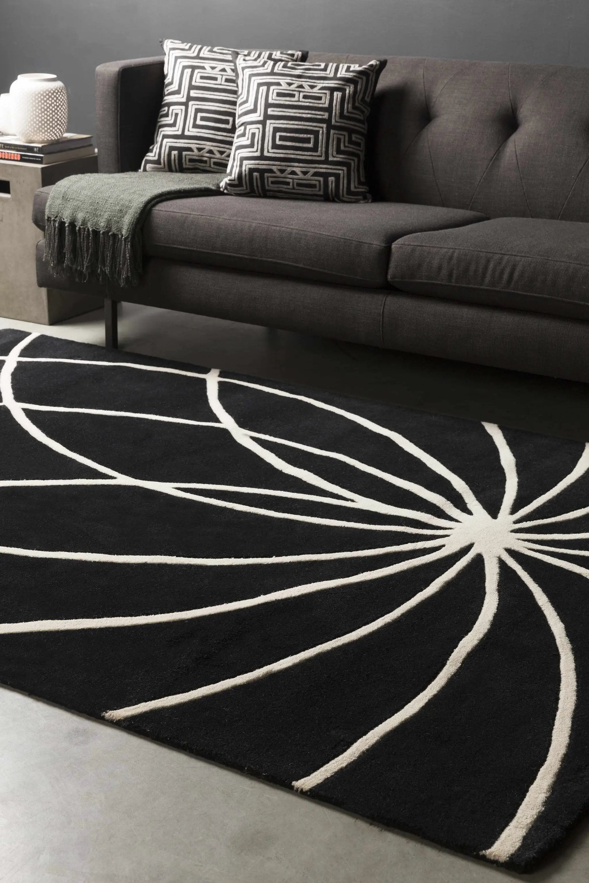 Davison Black Geometric Wool Carpet by Boutique Rugs