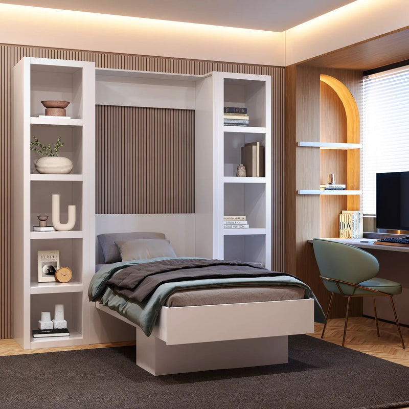 Easy-Lift Twin Murphy Wall Bed in White with Two Bookshelves by Sharicks