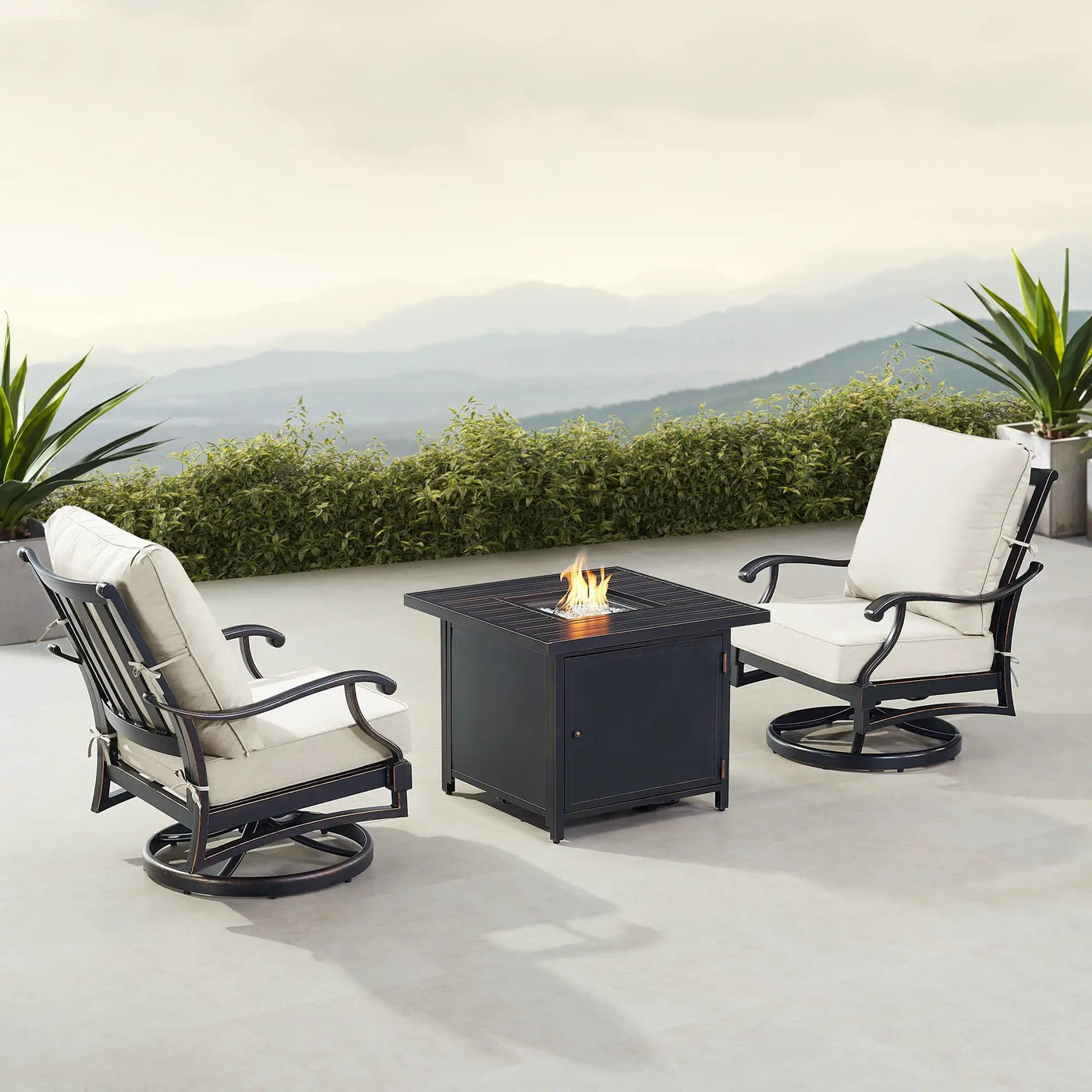 Black Aluminum Fire Table Bistro Set with Two Club Chairs by Sharicks