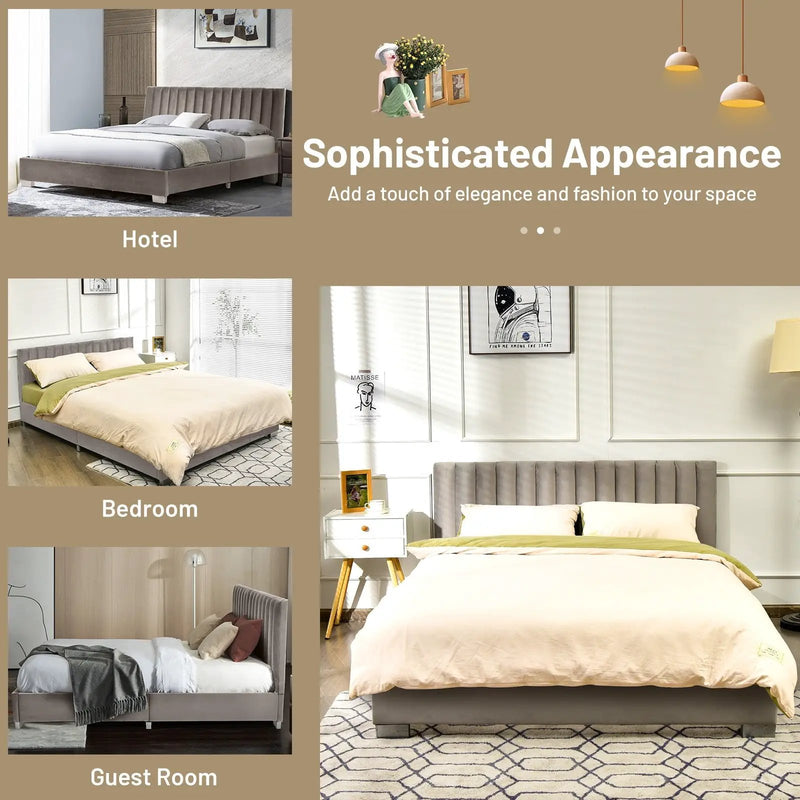 Full Tufted Upholstered Platform Bed Frame with Flannel Headboard by DirectDeals
