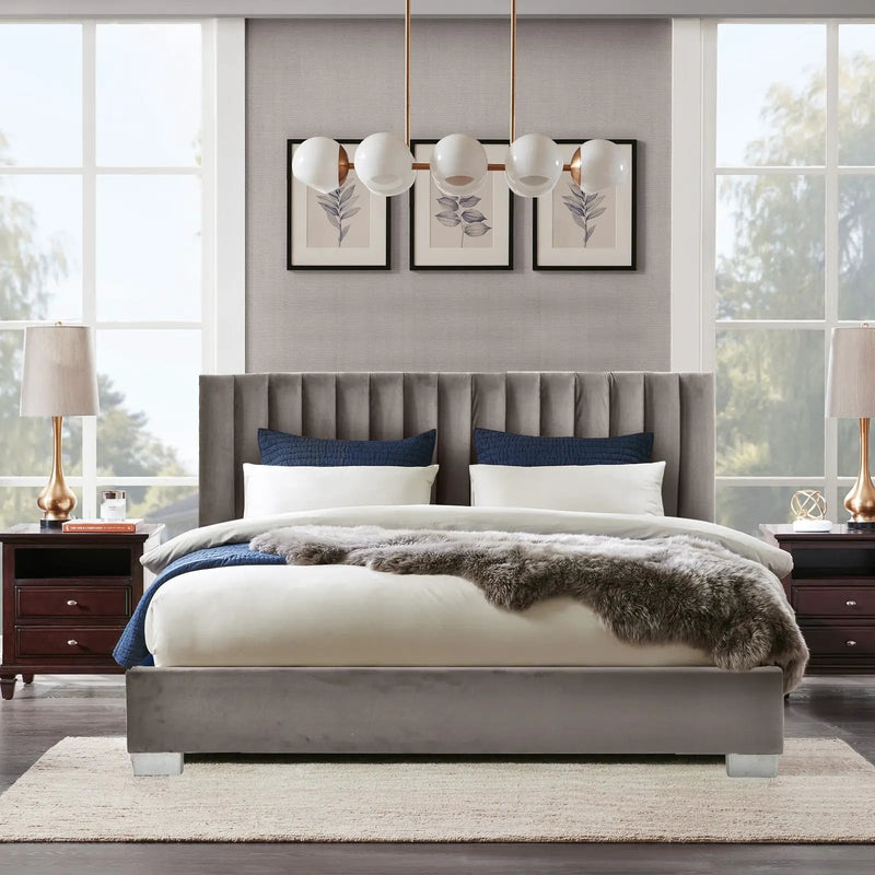 Full Tufted Upholstered Platform Bed Frame with Flannel Headboard by DirectDeals
