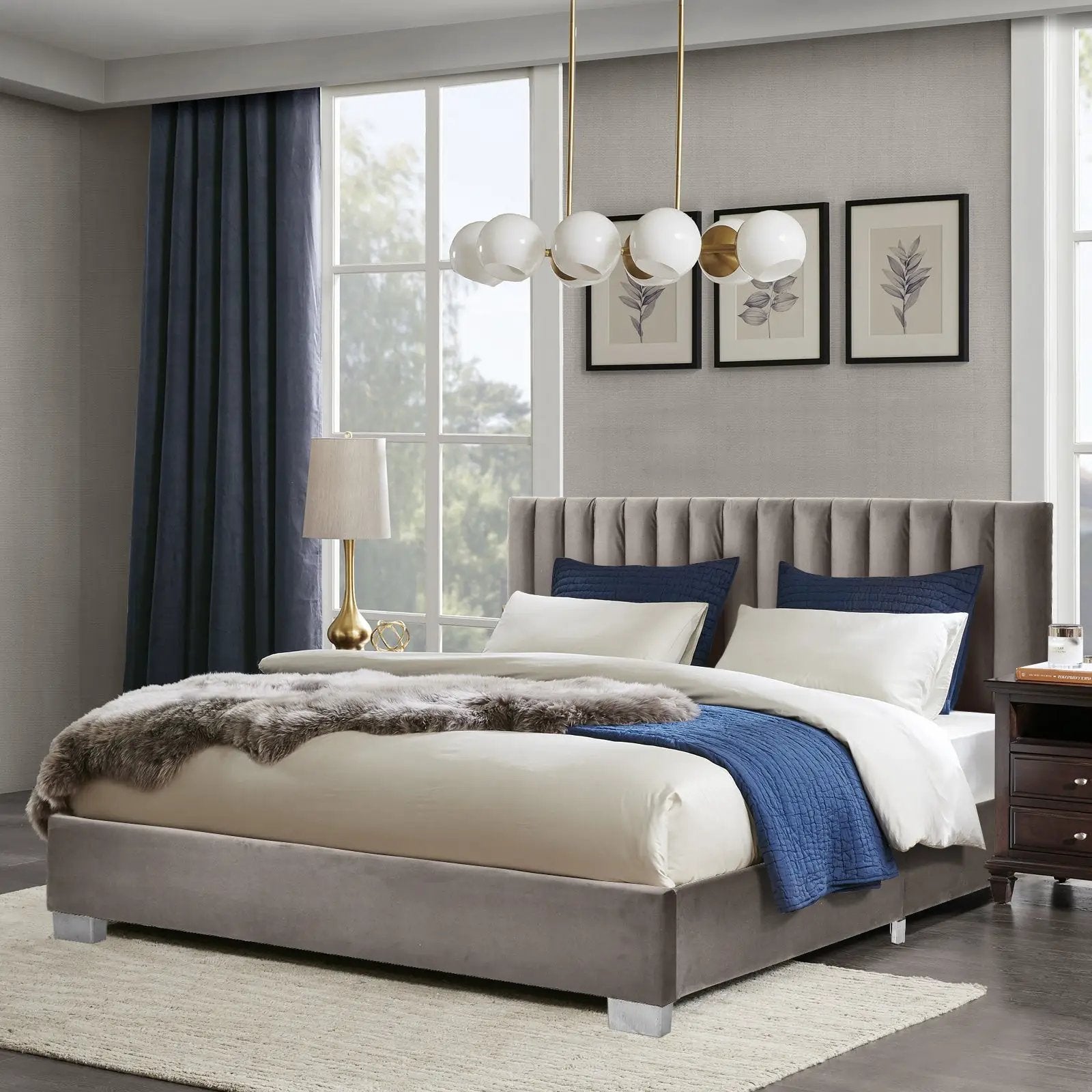 Full Tufted Upholstered Platform Bed Frame with Flannel Headboard by DirectDeals