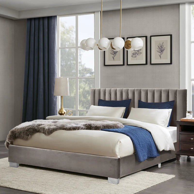 Full Tufted Upholstered Platform Bed Frame with Flannel Headboard by DirectDeals