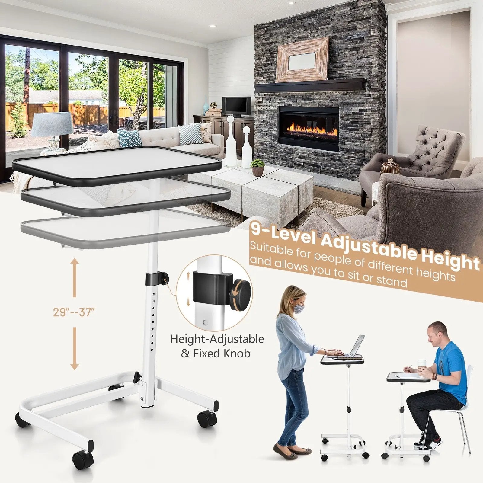 Rolling Overbed Bedside Table with 9-Level Adjustable Height by DirectDeals