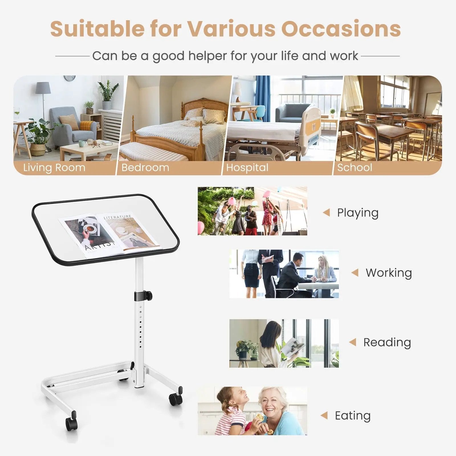Rolling Overbed Bedside Table with 9-Level Adjustable Height by DirectDeals