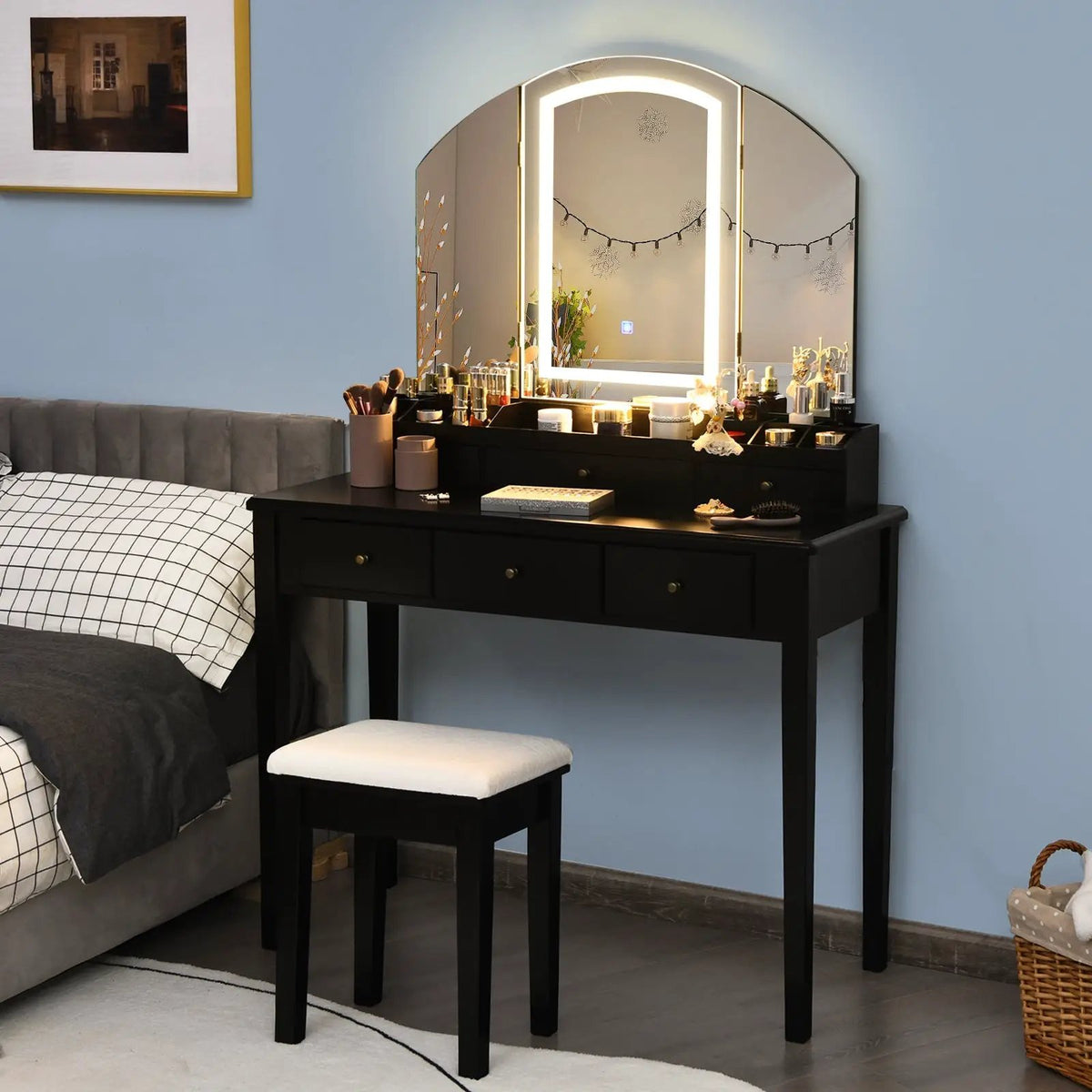 Vanity Table Stool Set with Large Tri-folding Lighted Mirror by DirectDeals