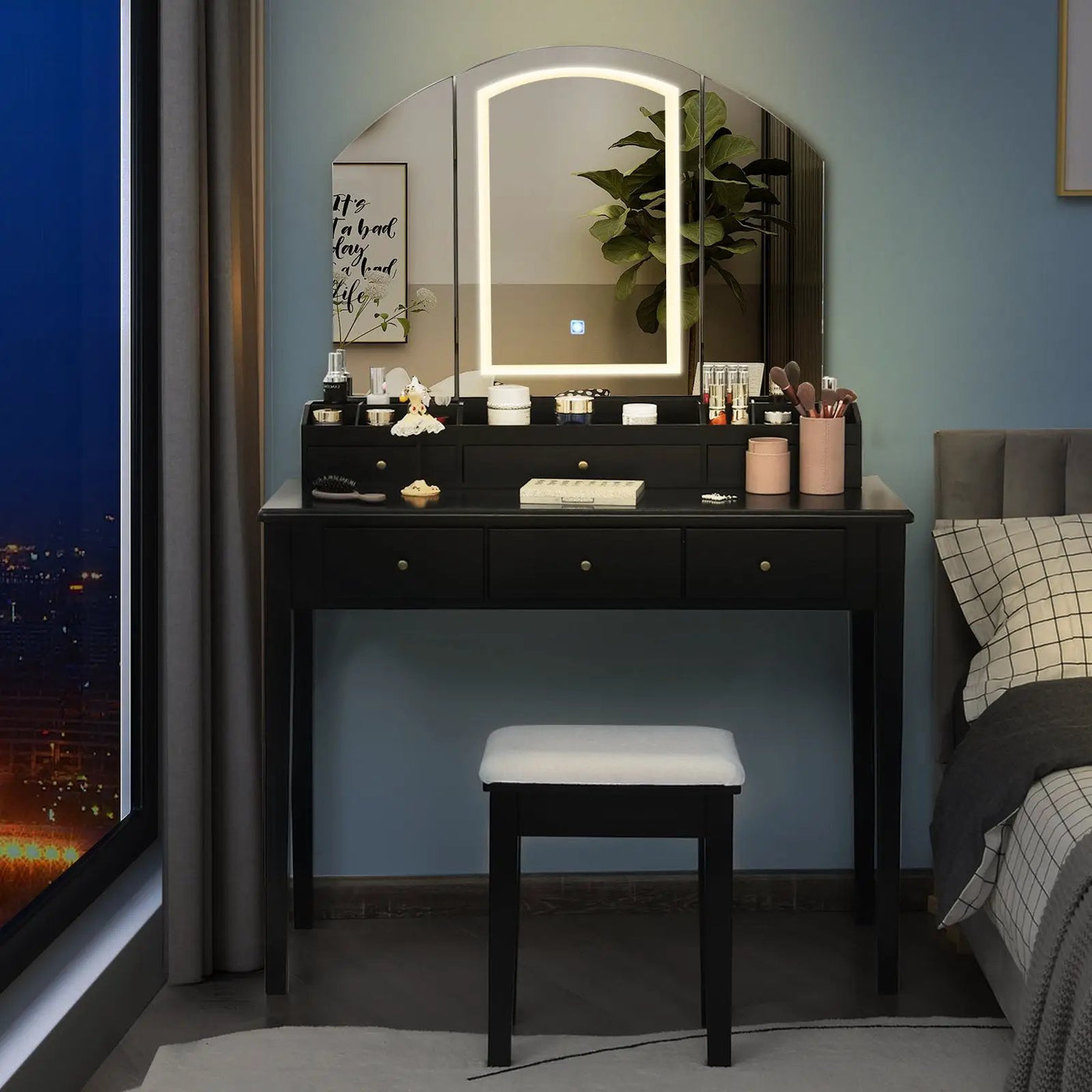Vanity Table Stool Set with Large Tri-folding Lighted Mirror by DirectDeals