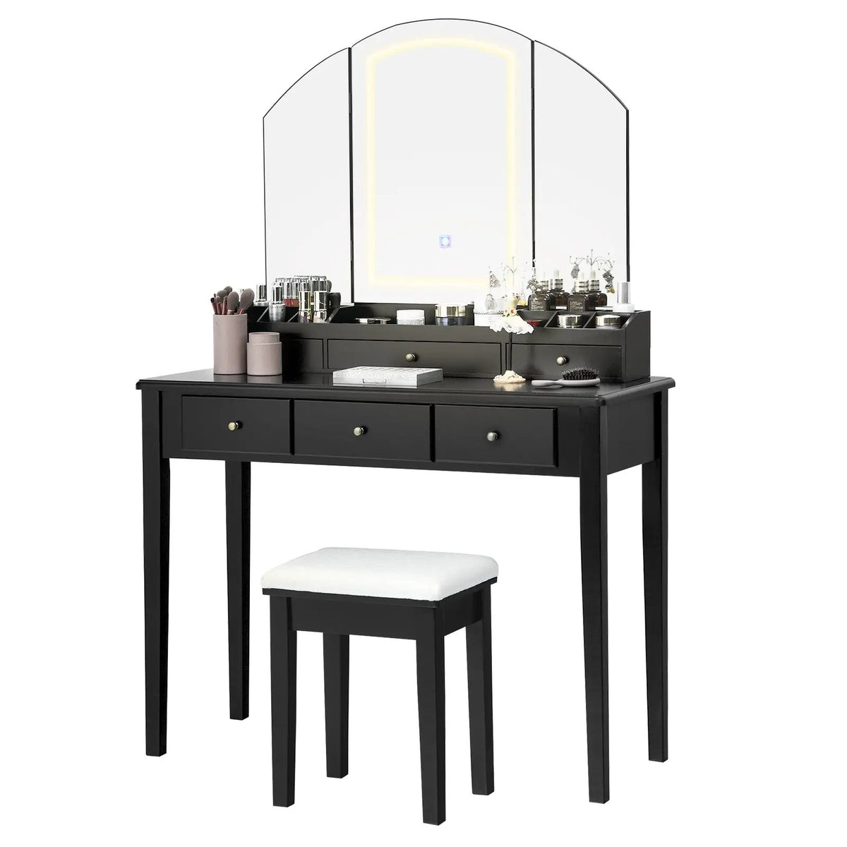 Vanity Table Stool Set with Large Tri-folding Lighted Mirror by DirectDeals