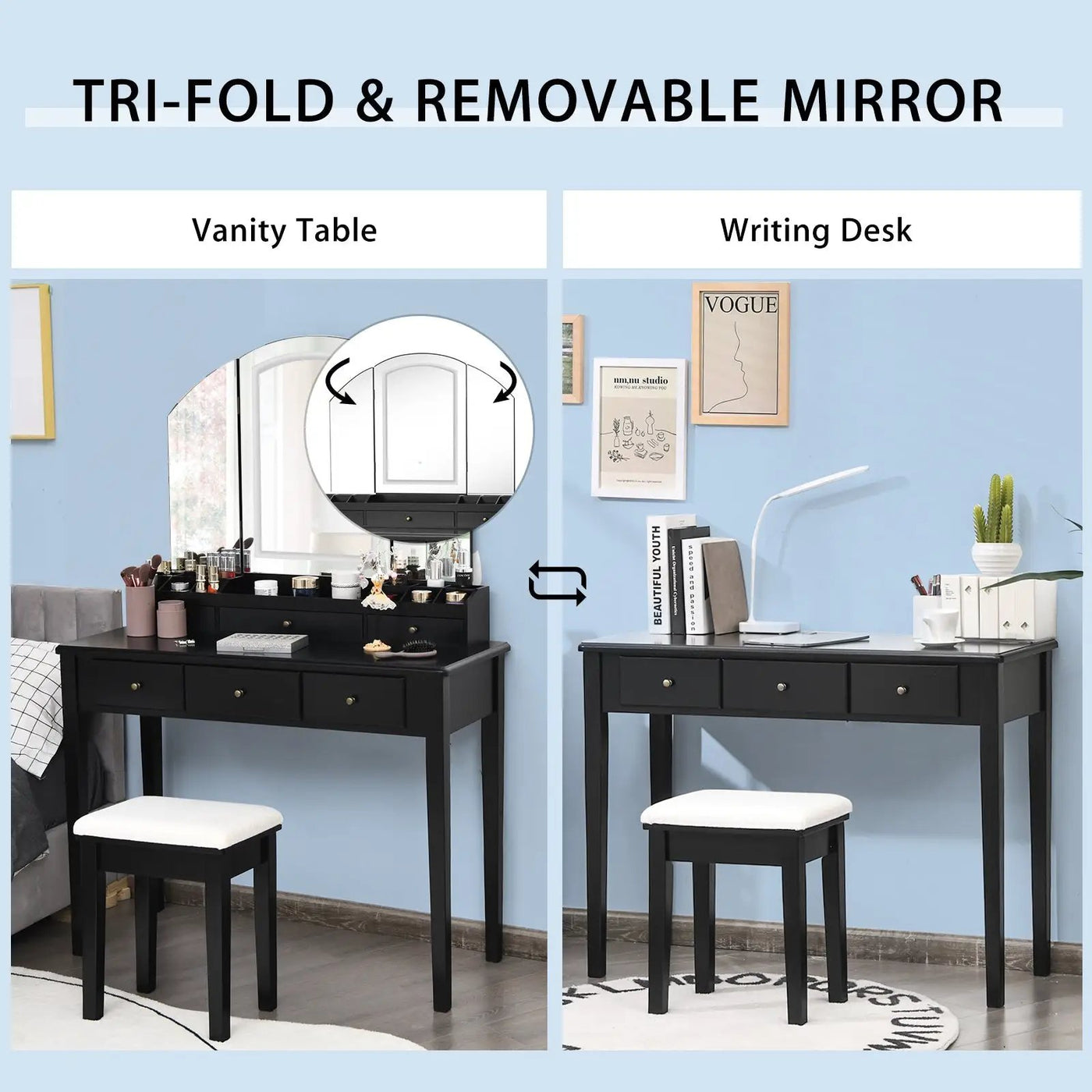 Vanity Table Stool Set with Large Tri-folding Lighted Mirror by DirectDeals