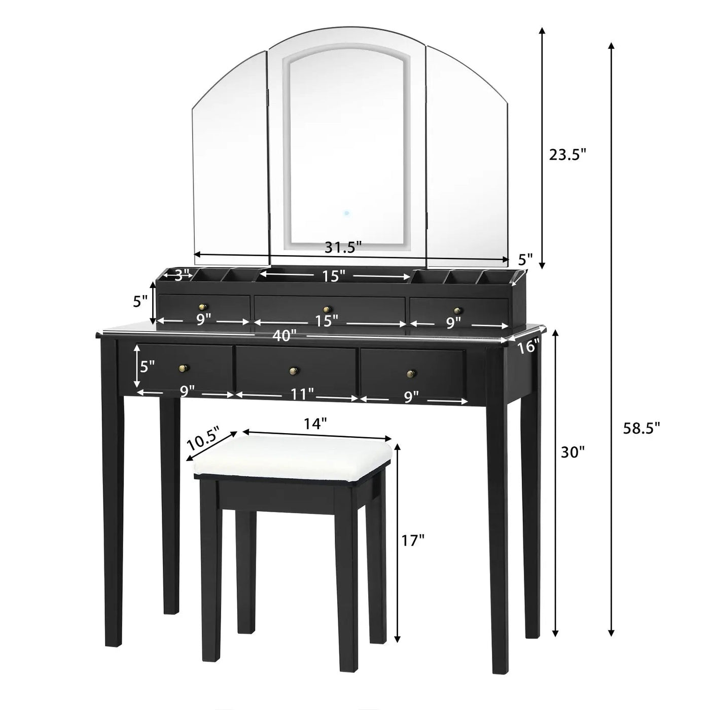 Vanity Table Stool Set with Large Tri-folding Lighted Mirror by DirectDeals