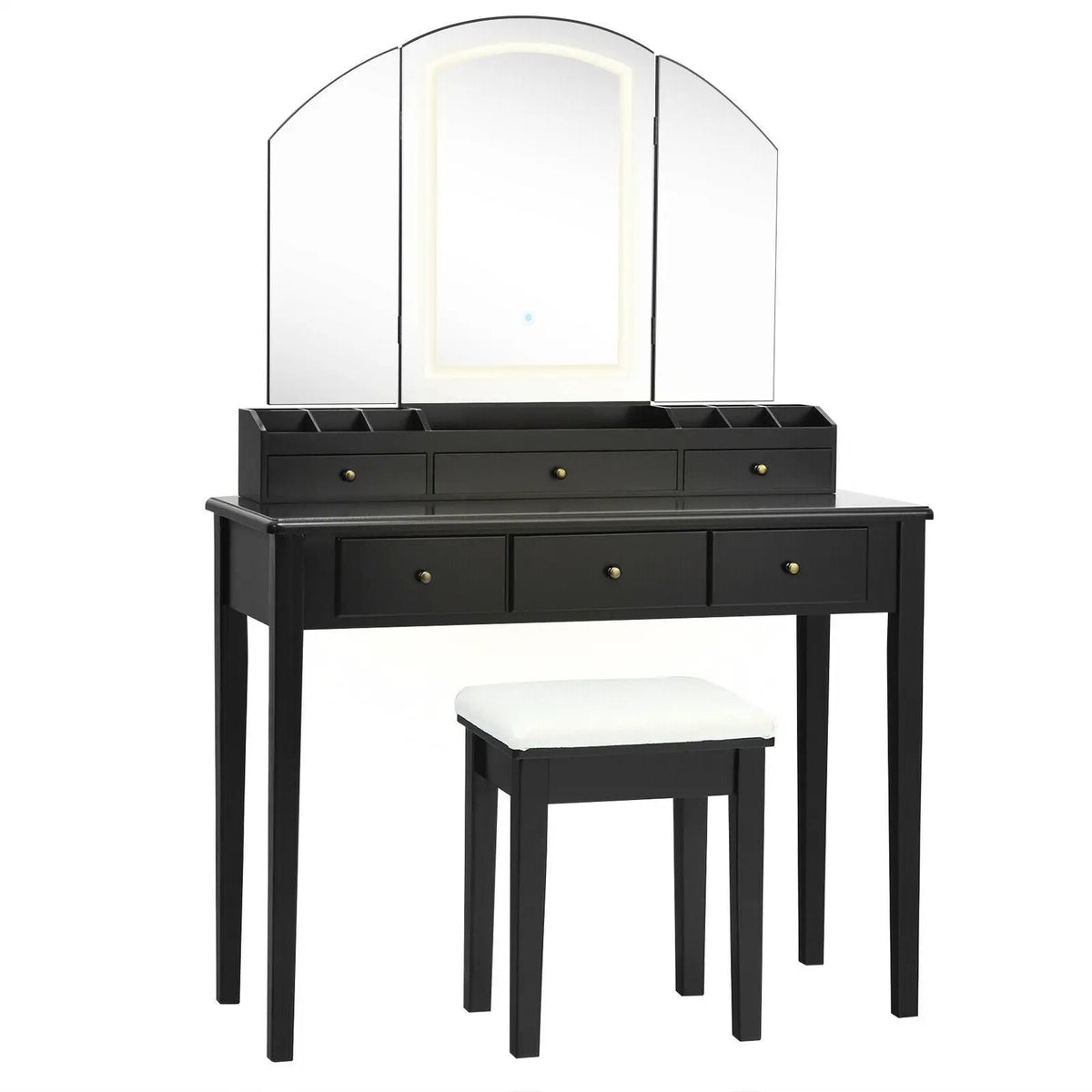 Vanity Table Stool Set with Large Tri-folding Lighted Mirror by DirectDeals