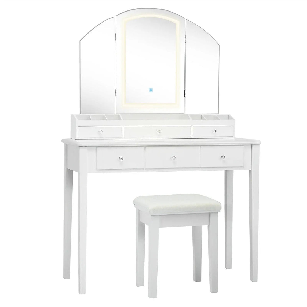 Vanity Table Stool Set with Large Tri-folding Lighted Mirror by DirectDeals