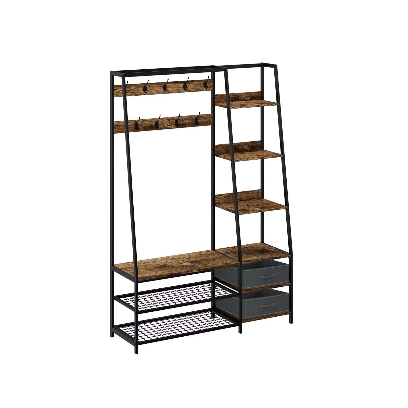 6-in-1 Freestanding Hall Tree Coat Rack with Bench and Fabric Dressers-Rustic Brown by DirectDeals