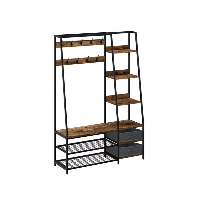 6-in-1 Freestanding Hall Tree Coat Rack with Bench and Fabric Dressers-Rustic Brown by DirectDeals
