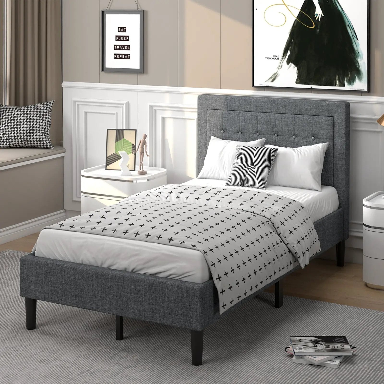 Twin Size Upholstered Bed Frame with Button Tufted Headboard by DirectDeals