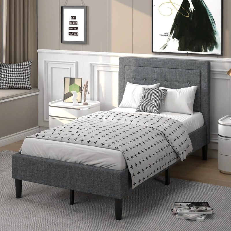 Twin Size Upholstered Bed Frame with Button Tufted Headboard by DirectDeals