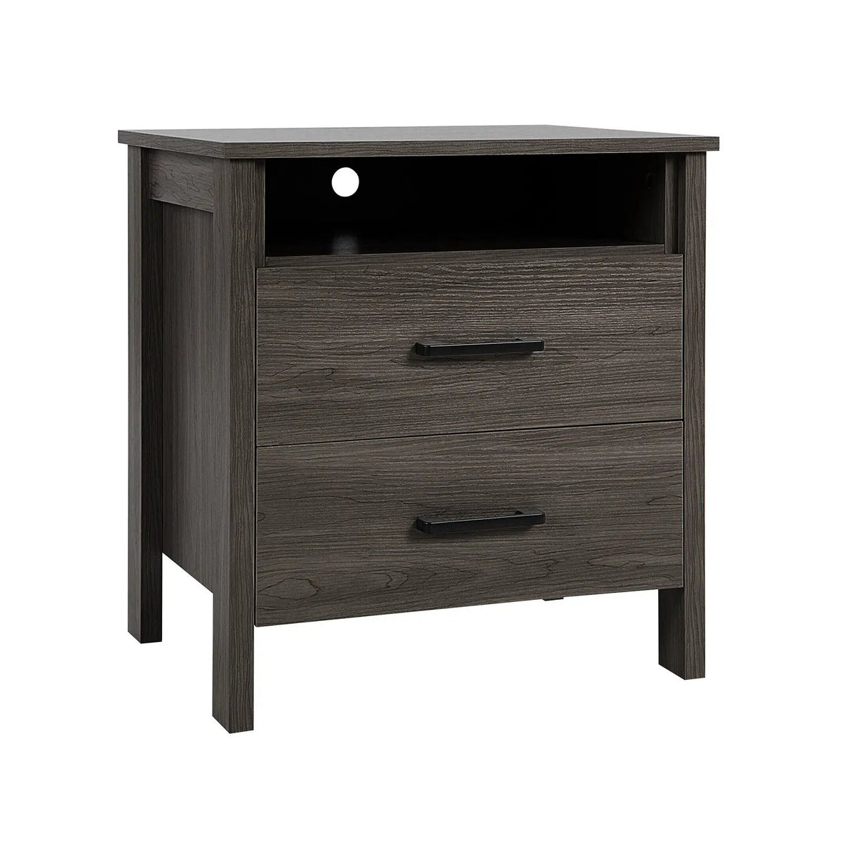 Modern Wood Grain Nightstand with Cable Hole and Open Compartment by DirectDeals