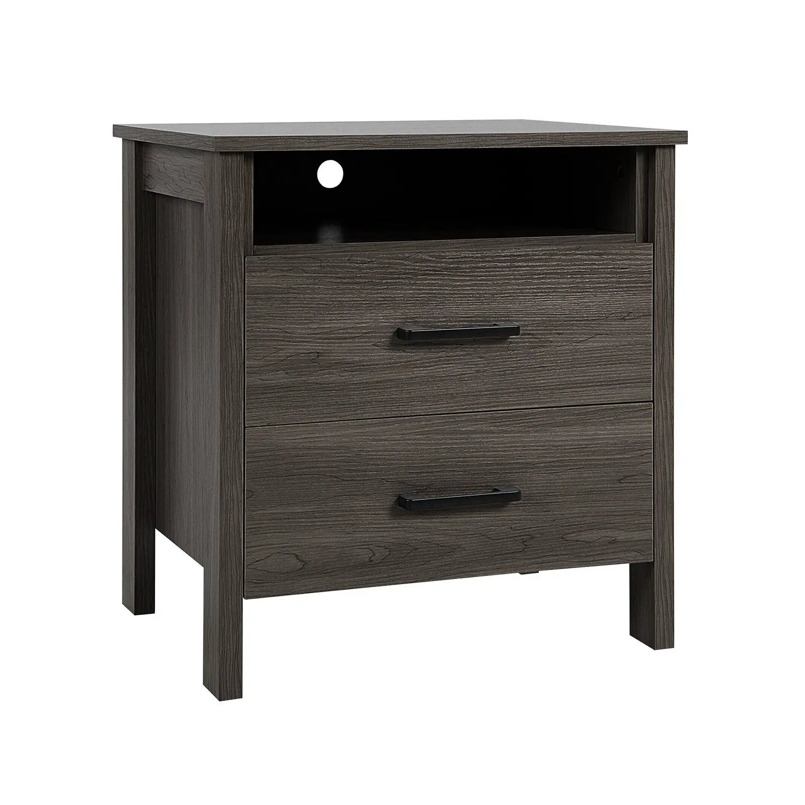Modern Wood Grain Nightstand with Cable Hole and Open Compartment by DirectDeals