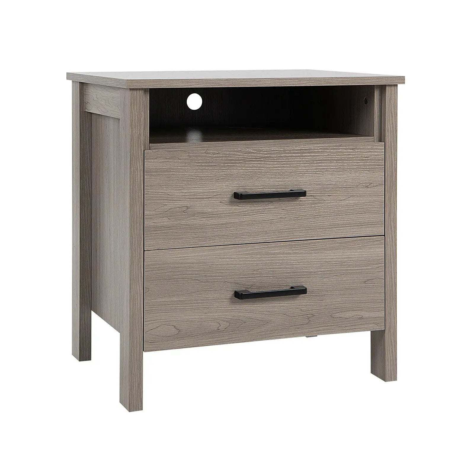 Modern Wood Grain Nightstand with Cable Hole and Open Compartment by DirectDeals