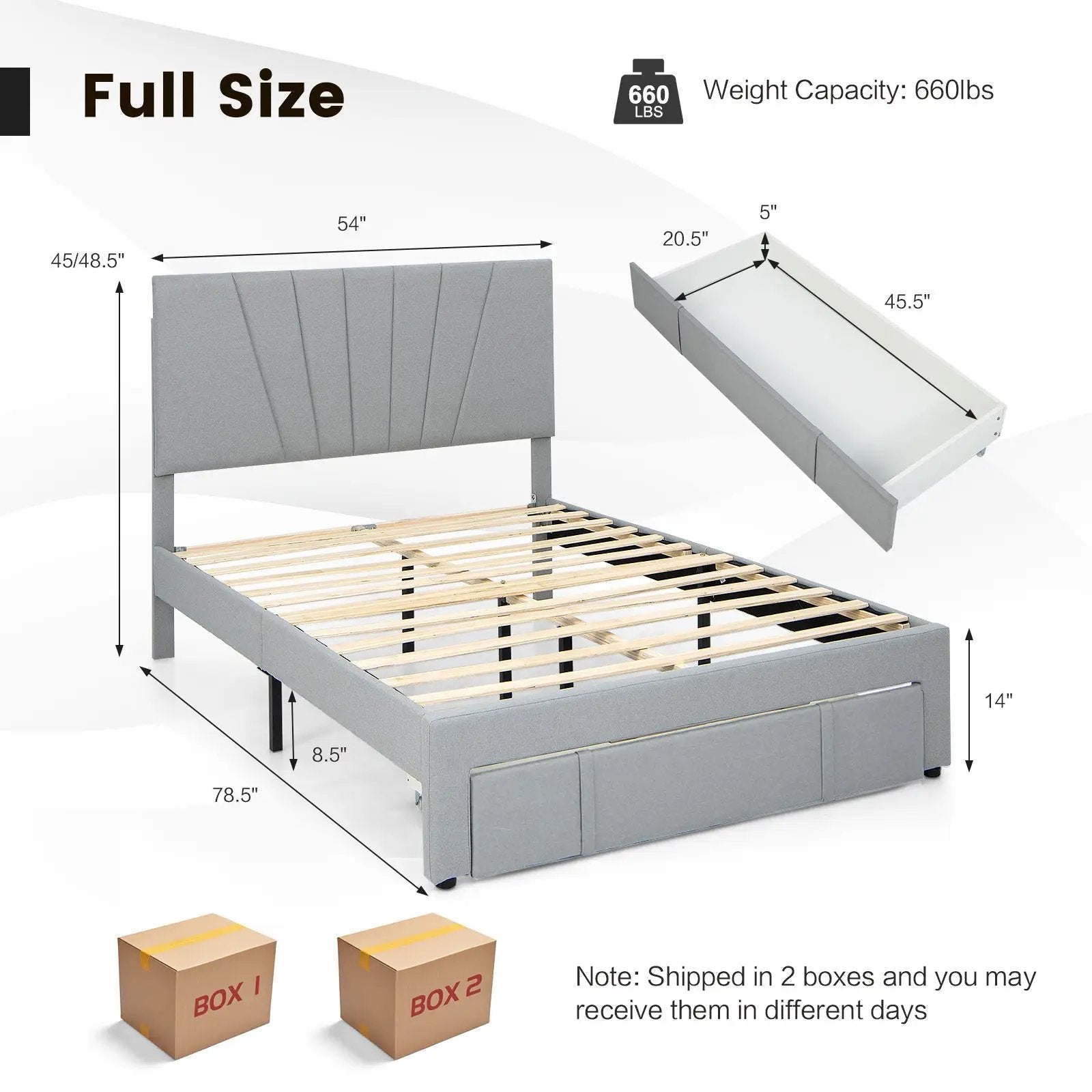 Full/Queen Size Upholstered Bed Frame with Drawer and Adjustable Headboard by DirectDeals